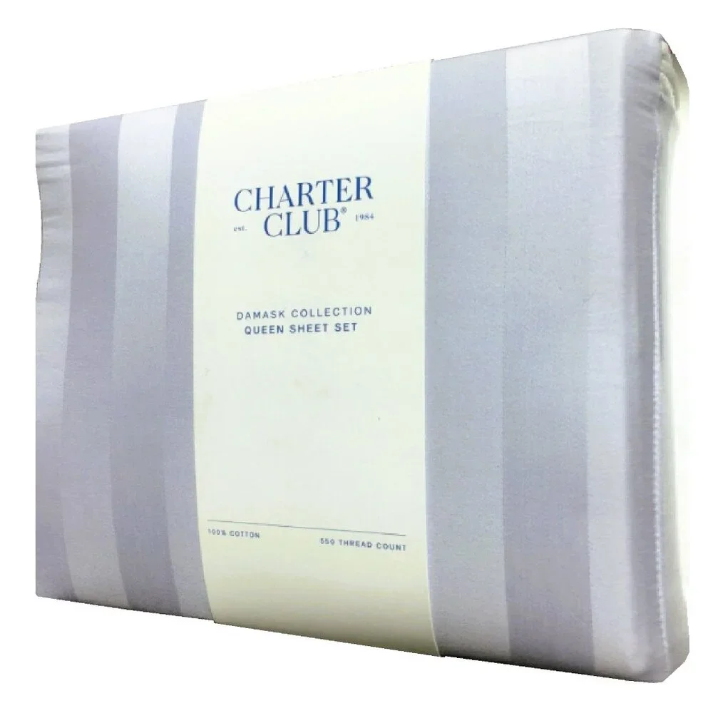 brand new PALE LILAC STRIPE Charter Club Damask 550 TC Cotton QUEEN Sheet Set